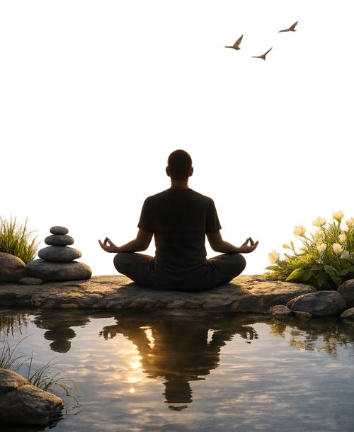 Silhouette of a person meditating by a calm lake at sunrise with stacked stones and birds flying overhead