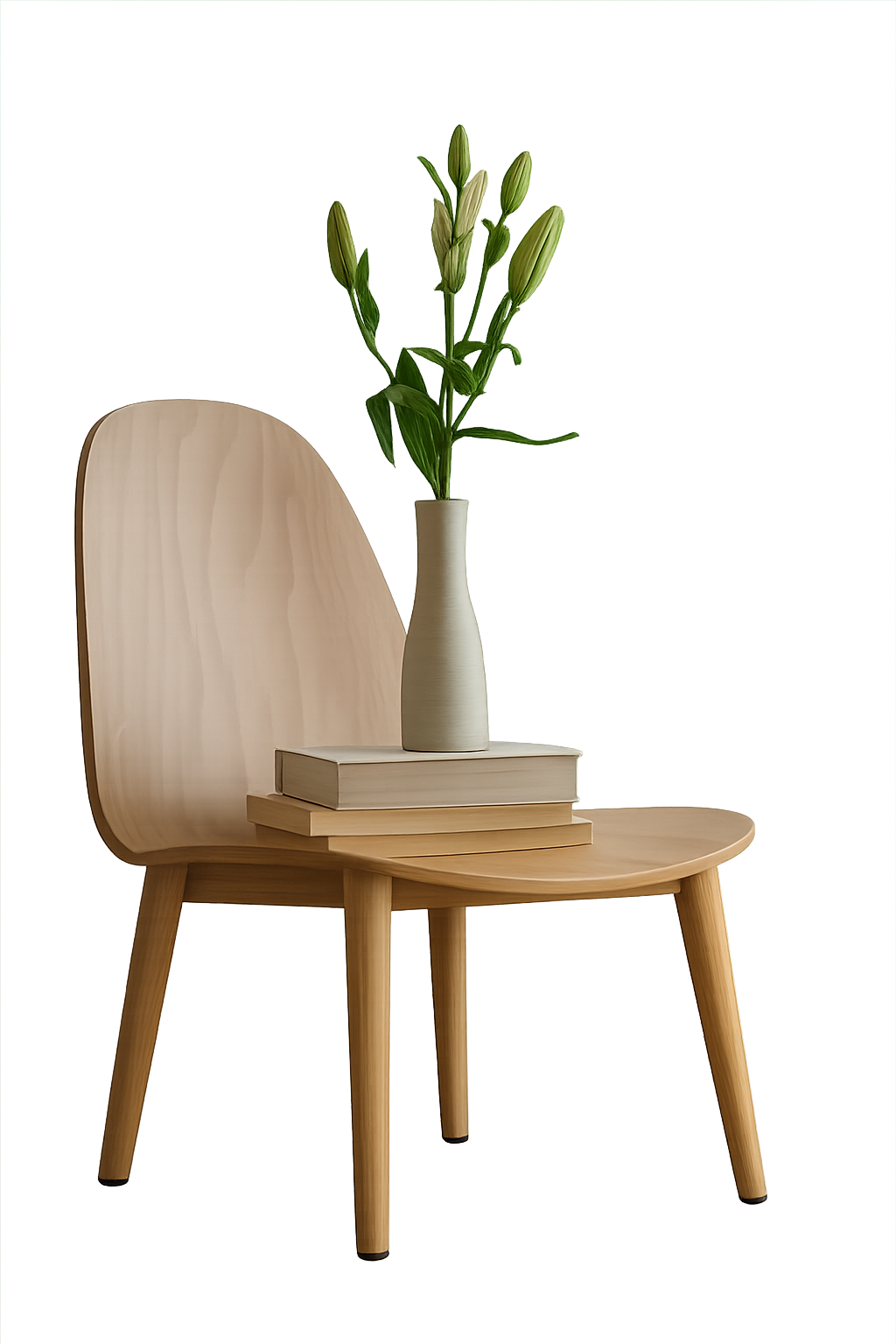 Minimal wooden chair with books and a vase of green flowers on a soft neutral background